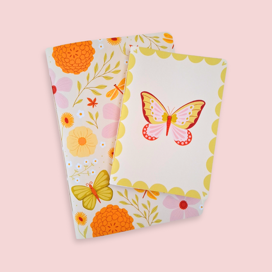 Illustrated notebook set with flowers and butterflies, hand sewn A5 and A6 set