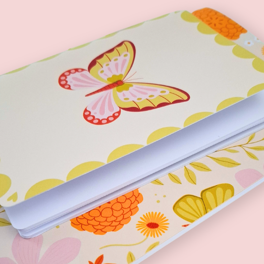 Illustrated notebook set with flowers and butterflies, hand sewn A5 and A6 set